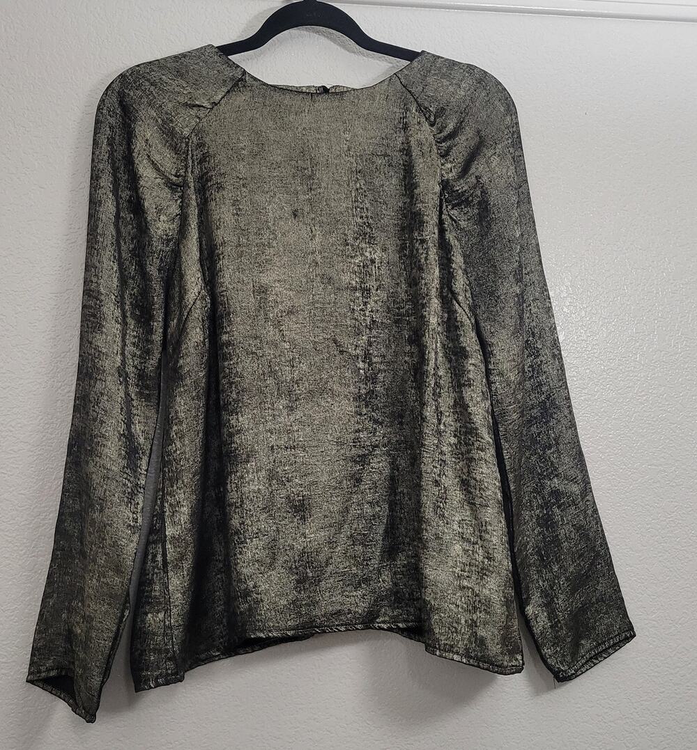 Hazel Metallic Gold Black Shimmer Blouse Womens Medium Puff Shoulder Long Sleeve